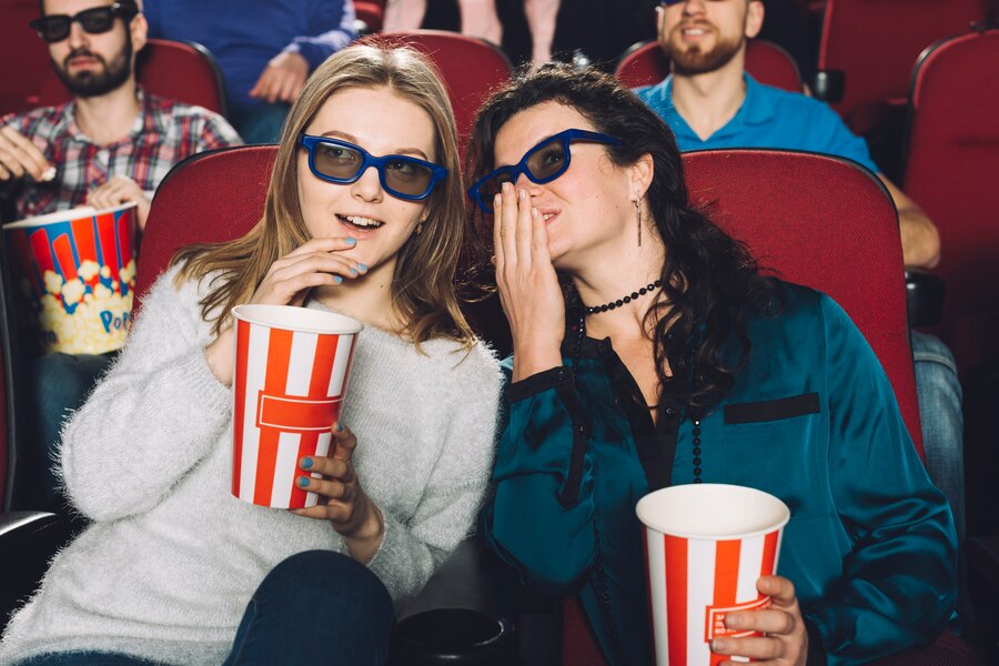 Two women in cinema seats sharing popcorn and whispering